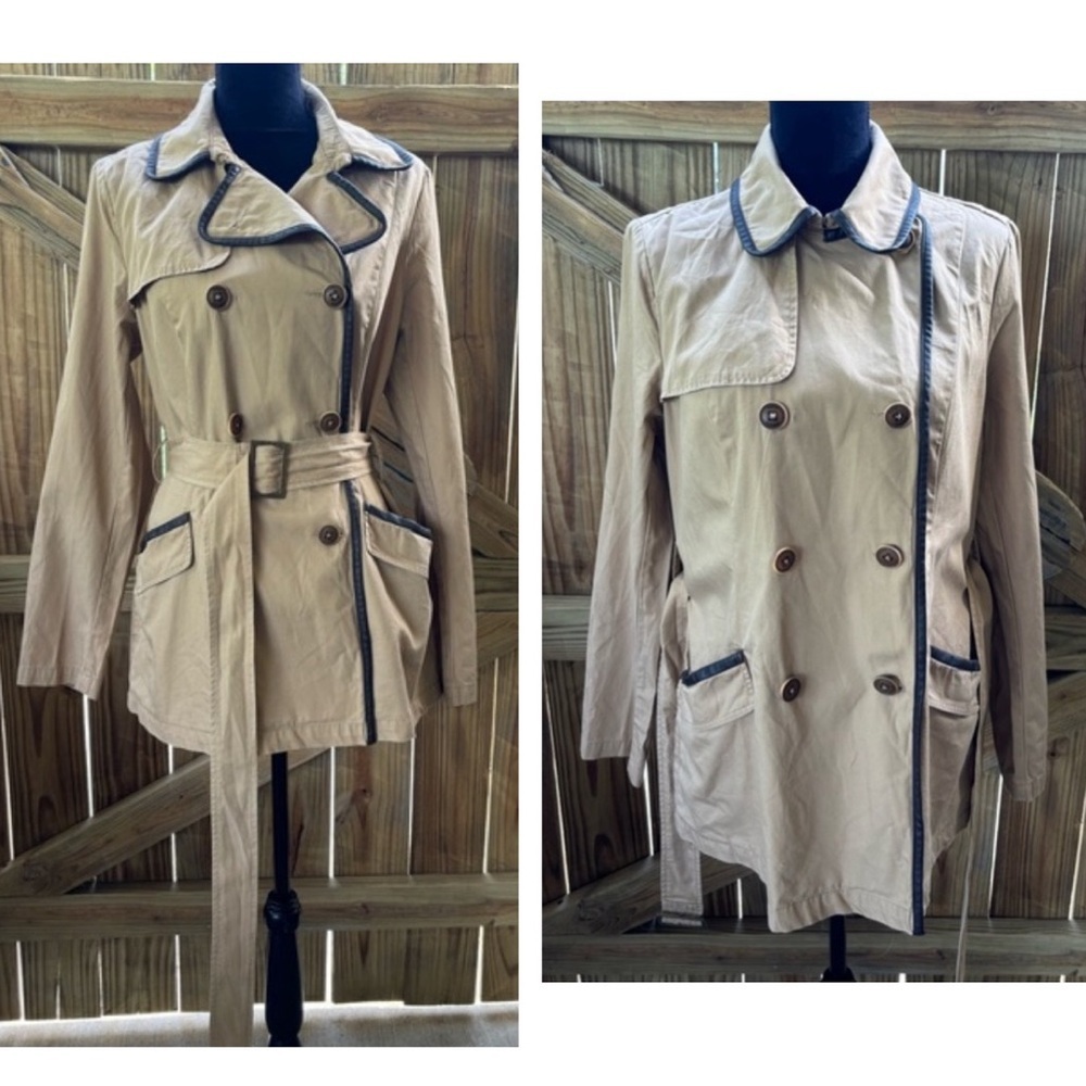 Tommy Hilfiger Tan Double Breasted Cotton Trench Coat with Faux Leather Trim L